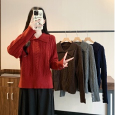 批发实拍 实价2025大码女装冬季新款polo翻领套头麻花加厚针织<b class='q'>毛衣</b>
