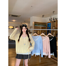 批发实拍  实价2026年春季新款抽绳拼接撞色坑条纹休闲风假两件上衣