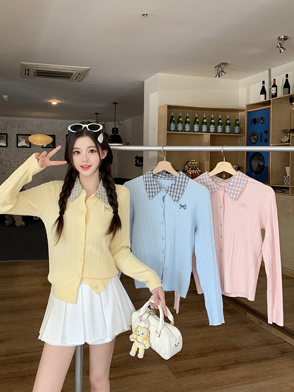 정가 봄 새로운 빅 사이즈 여성 의류 체크무늬 폴로 칼라 꽈배기 스웨터 얇은 스타일 슬림해 보이는 니트 오픈 가디건 맨위