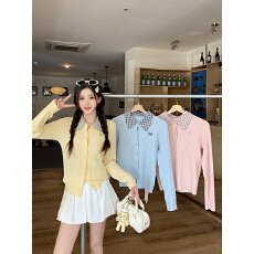 批发实价 春季新款大码女装格子翻领麻花毛衣薄款显瘦针织开衫上衣