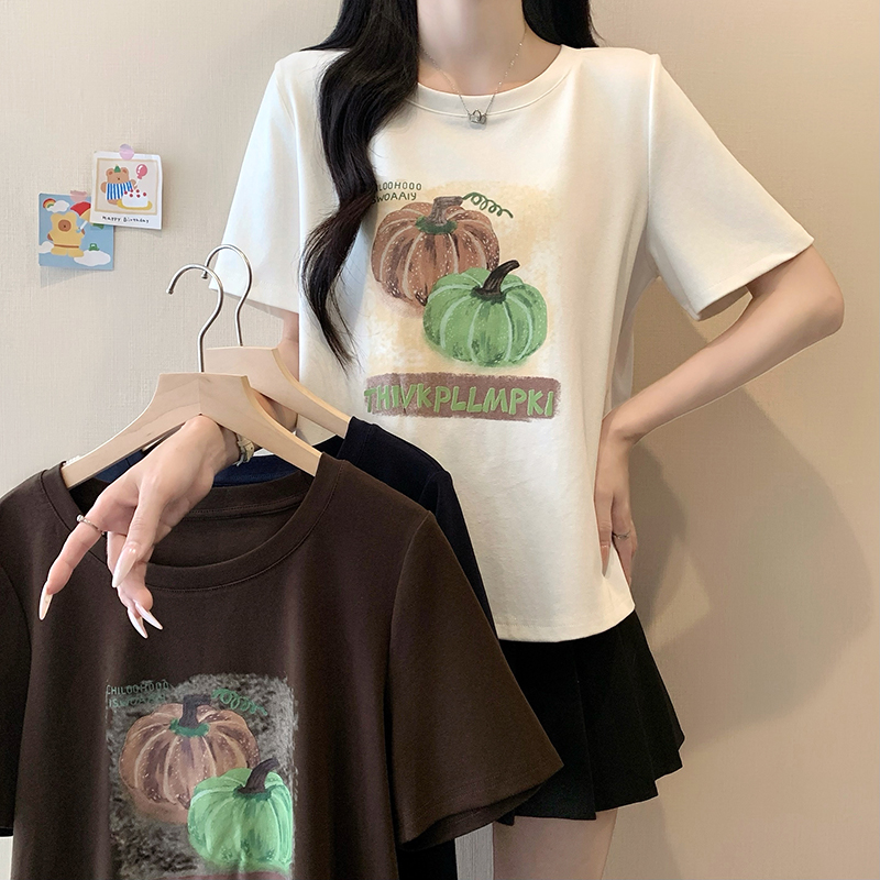 실사 정가 2026 년 여름 새로운 루즈핏 슬림해 보이는 호박 알파벳 프린트 반팔 티셔츠 맨위 여성