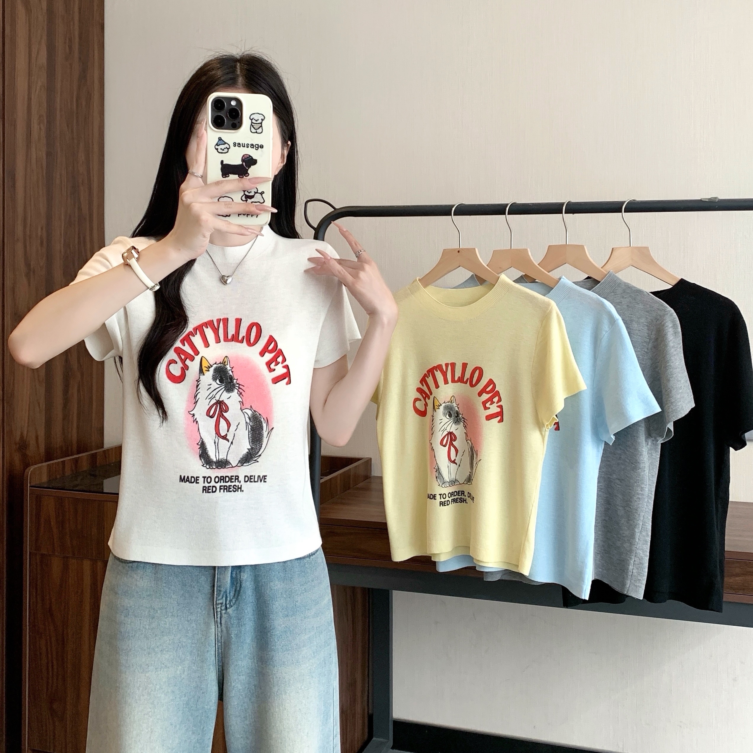 실사 정가 여름 새로운 빅 사이즈 여성 의류 만화 새끼 고양이 얇은 스타일 니트 반팔 슬림해 보이는 맨위