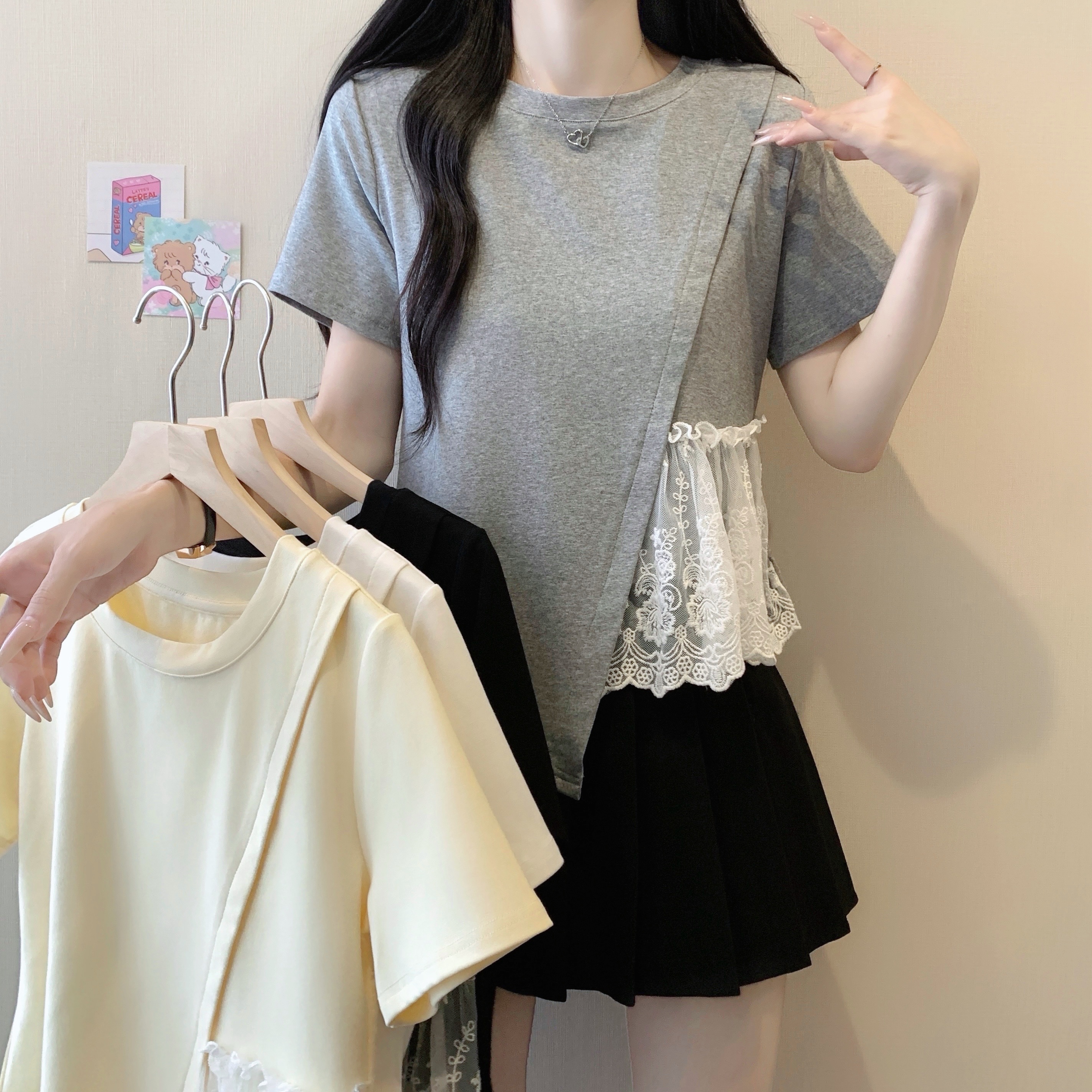RY6194# 实拍 实价 2026年夏季新款大码女装设计感蕾丝拼接短袖T恤上衣
