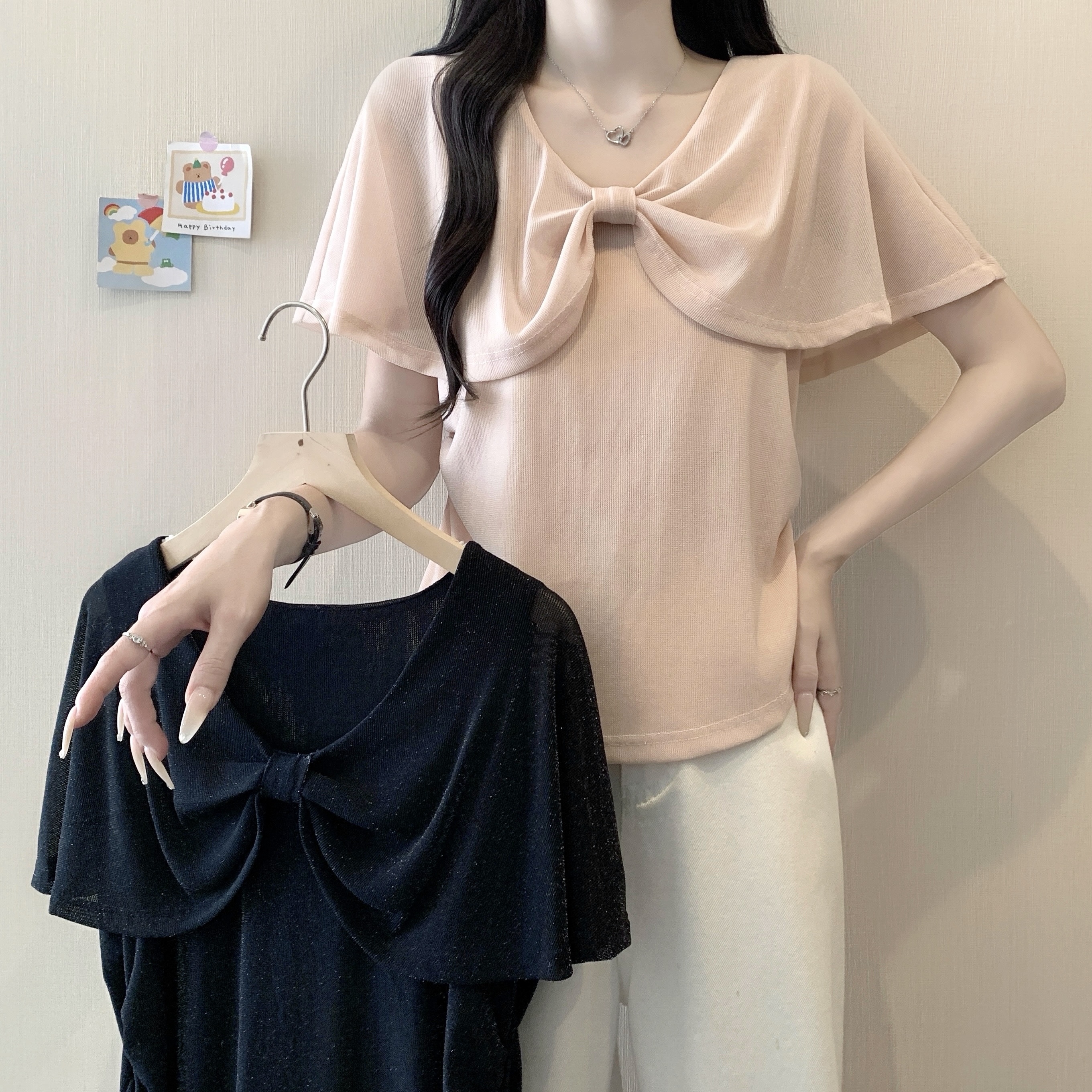 RY6190# 实拍 实价 法式纯欲风扭结蝴蝶结披肩上衣夏季大码女装显瘦T恤