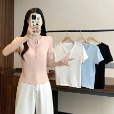 批发实拍 实价 2026半开V领排扣莱赛尔短袖上衣夏季大码女装显瘦T恤
