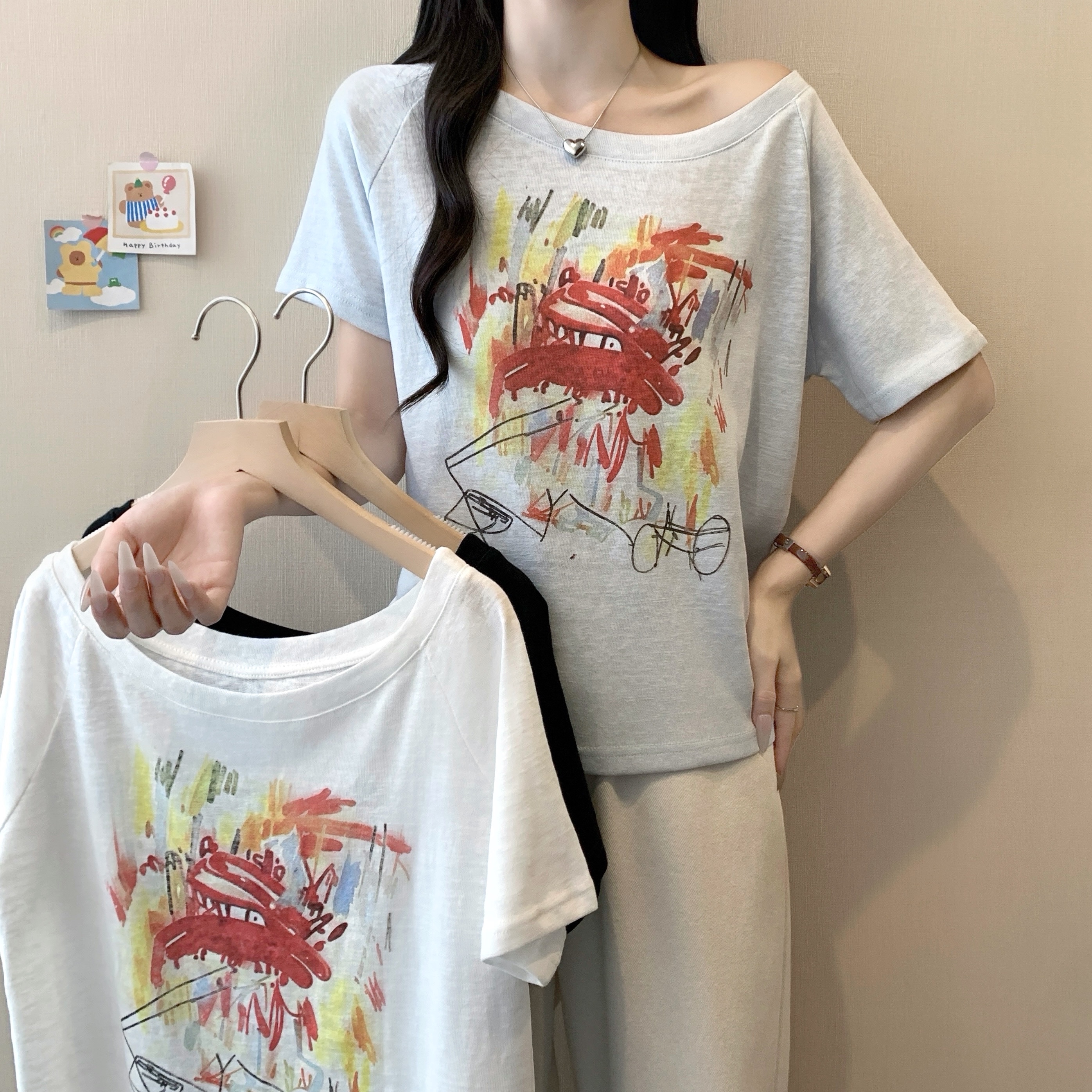 RY7331# 实拍 实价 2026夏季大码女装斜肩印花短袖显瘦百搭T恤上...