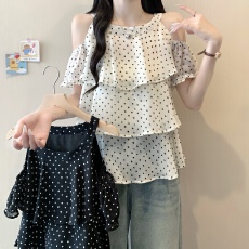 批发实拍  2026夏季<b class='q'>大码</b><b class='q'>女装</b>波点露肩荷叶边<b class='q'>上衣</b>韩系宽松显瘦短袖小衫