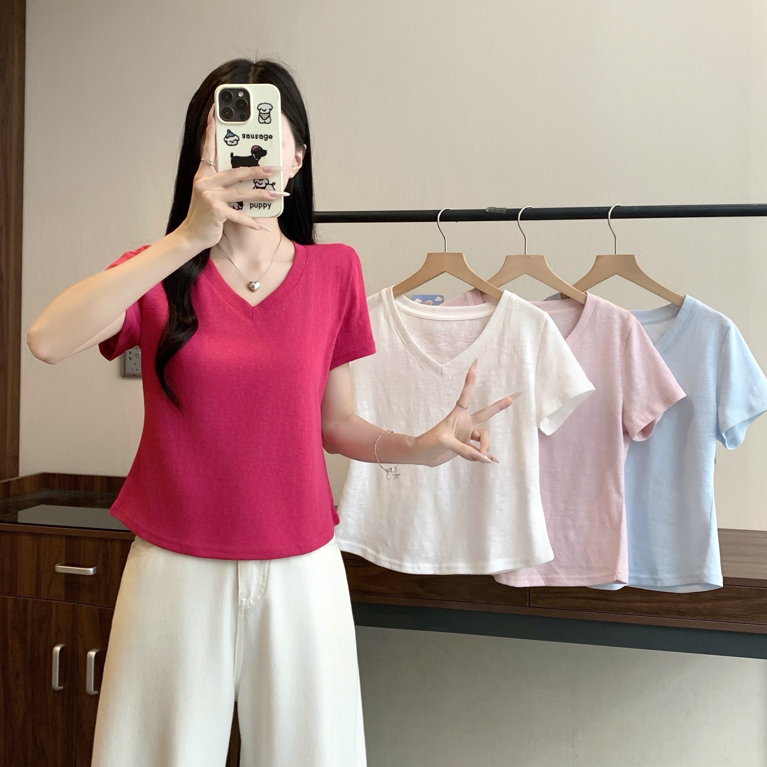 RY7330# 实拍 实价夏季大码女装韩系V领宽松显瘦短袖T恤薄款透气百搭...