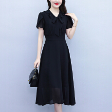 批发法式V领短袖雪纺连衣裙<b class='q'>女</b>2026夏新款蝴蝶结飘带纯色妈妈A字长裙子
