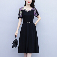 批发2026黑色拼接碎花假两件连衣裙中年妈妈气质显瘦减龄遮肚子<b class='q'>裙子</b>