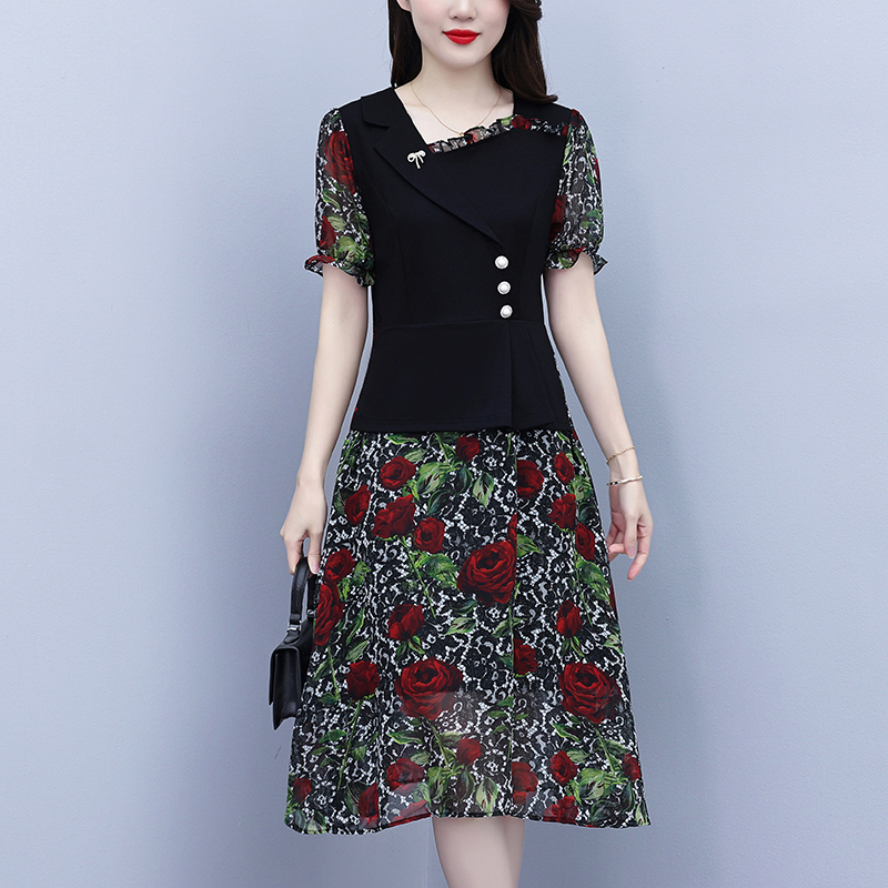 RY3984# 2026夏季新款胖mm西装领雪纺碎花拼接时尚遮肚中年妈妈气...