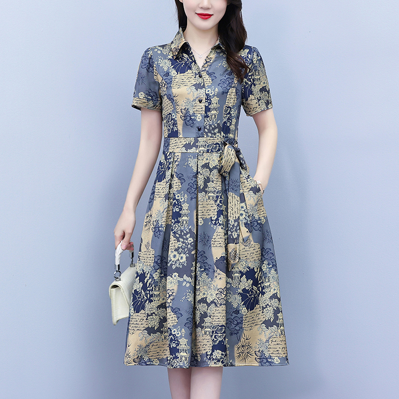 RY3982# 真丝桑蚕丝女夏季新款香云纱高端洋气质大码连衣裙妈妈印花裙子