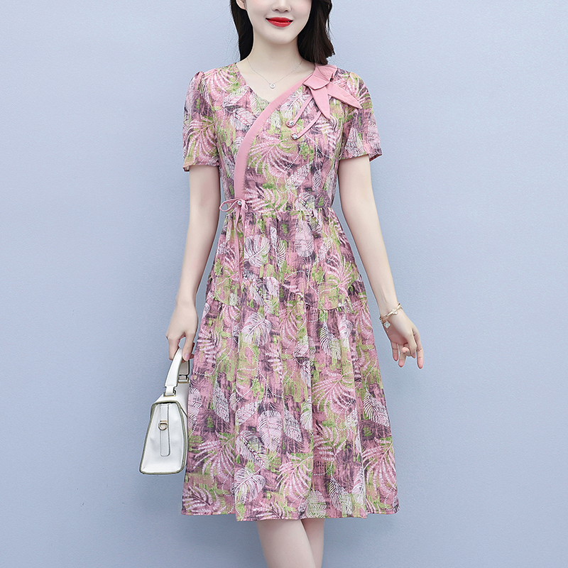 RY3980# 真丝桑蚕丝女夏季新款香云纱高端洋气质大码连衣裙妈妈印花裙子