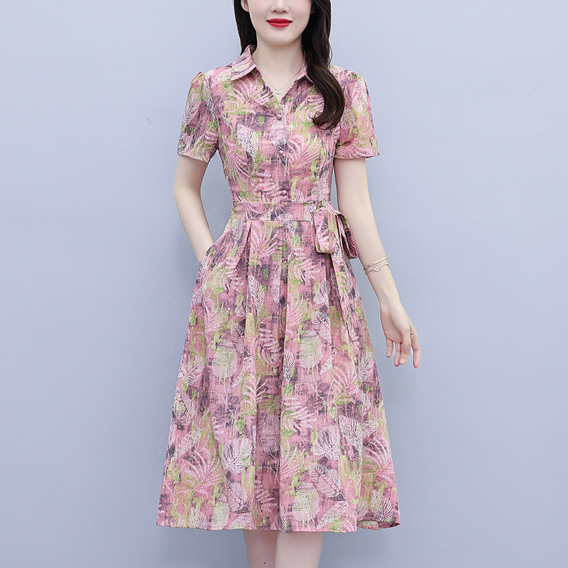 RY3978# 真丝桑蚕丝女夏季新款香云纱高端洋气质大码连衣裙妈妈印花裙子