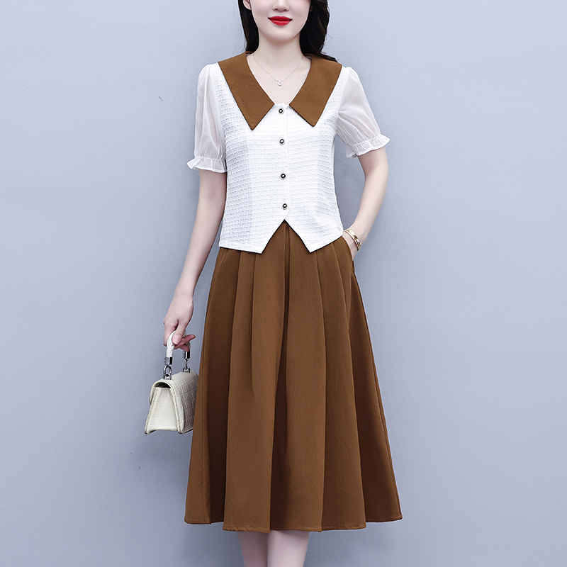 RY6681# 夏季新款拼接大码两件套中年妈妈时尚气质显瘦减龄遮肚子裙子