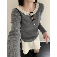 批发2025冬装新款韩版时尚百搭圆领长袖蕾丝拼接<b class='q'>针织衫</b>上衣女装