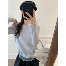 批发拼接<b class='q'>欧根纱</b>坑条羊毛针织衫女2025冬新款韩版减龄毛衣