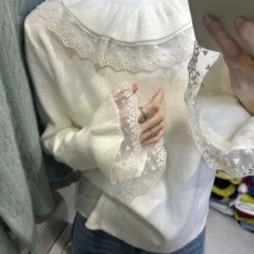 批发<b class='q'>韩国</b>女装十三行温柔甜美荷花领蕾丝针织衫