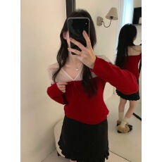 批发韩系冬款甜美气质<b class='q'>网纱</b>设计拼色长袖休闲毛衣