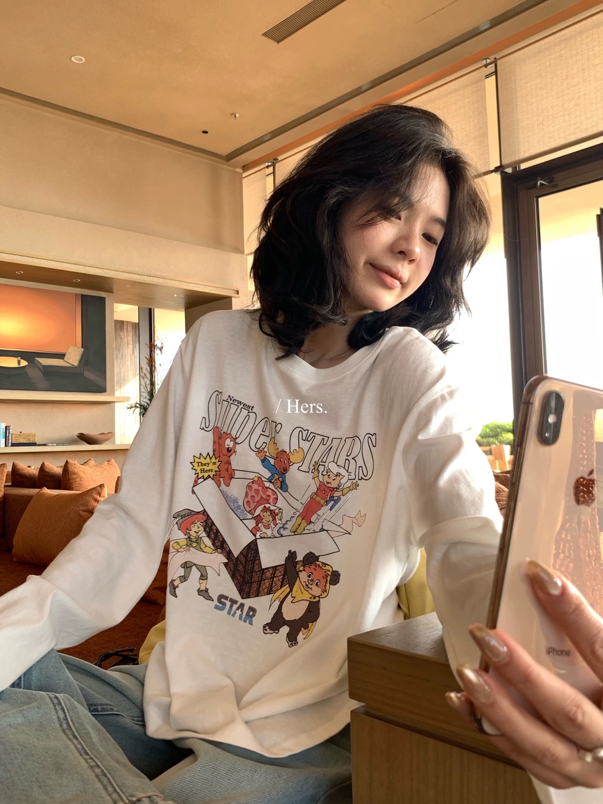 26 년 이른 봄 hers 만화 소녀 일상 캐주얼 만화 패턴 긴팔 티셔츠 여성