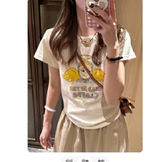 批发韩系小天使印花正肩<b class='q'>短袖</b><b class='q'>T</b><b class='q'>恤</b><b class='q'>女</b>2026春夏甜美辣妹短款百搭上衣