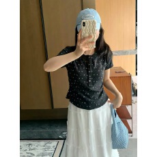 批发韩系bm风复古碎花深灰色亨利衫短袖女夏正肩修身上衣独特绝美t恤