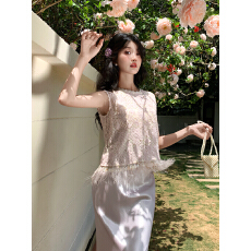 批发法式温柔甜美风套装女2026夏季新款拼接无袖上衣<b class='q'>半身裙</b>两件套<b class='q'>女装</b>