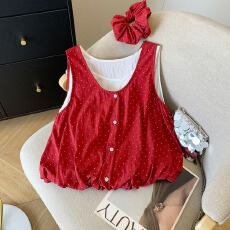 批发miu风红色波点背心<b class='q'>衬衫</b>女夏遮肚子花苞娃娃衫别致无袖上衣配发圈