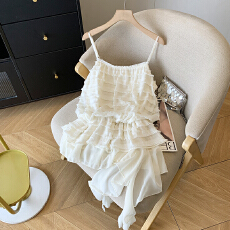 批发韩系流苏荷叶边吊带背心女夏季下摆<b class='q'>不规则</b>飘带<b class='q'>雪纺衫</b>纯欲无袖上衣