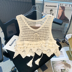 批发波西米亚风女夏法式流苏<b class='q'>镂空</b>针织吊带背心设计感无袖上衣叠穿套装