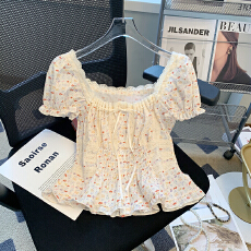 批发纯欲蕾丝拼接碎花衬衫女夏2026芭蕾风系带裙摆小衫法式泡泡袖上衣