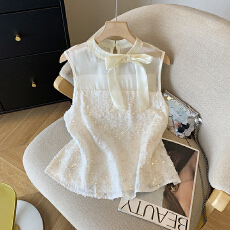批发法式重工亮片<b class='q'>欧根纱</b>背心女2026夏款立体蝴蝶结拼接无袖微透小<b class='q'>上衣</b>