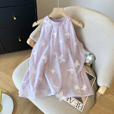 批发立体<b class='q'>提花</b>蝴蝶结挂脖衬衫女夏季度假风背心<b class='q'>连衣裙</b>纯欲削肩雪纺上衣