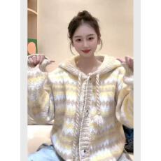 批发韩版复古彩虹条纹连帽毛衣外套女<b class='q'>秋</b>冬加厚小个子慵懒软糯糯针织衫