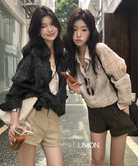 가을 켜기 새로운 레몬 녹차 반드시 입력 산소 센스 셔츠 질감 센스 체크무늬 긴팔 자외선 차단 셔츠