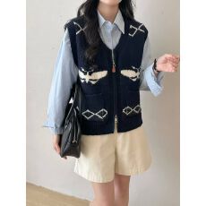 批发韩国东大门新款秋<b class='q'>冬</b>款复古提花学院风花纹拉链针织背心