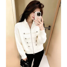 批发欧美风立领双拉链短款长袖针织开衫女秋冬百搭时尚毛衣加厚短外套