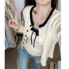 批发韩系<b class='q'>甜美</b>软糯抽绳蝴蝶结针织开衫女秋季新款设计感修身上衣两件套