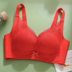批发红色新品柔软滑滑杯无钢圈文胸聚拢防下垂无痕上托四排扣女士内衣