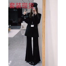 批发黑色西装套装女2025春装新款通勤休闲气质职业面试西服外套喇叭裤