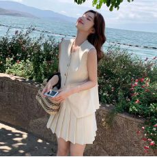 批发YIRAN/奕冉小香风西装马甲短裙套装女夏背心上衣<b class='q'>百褶</b><b class='q'>半身裙</b>两件套
