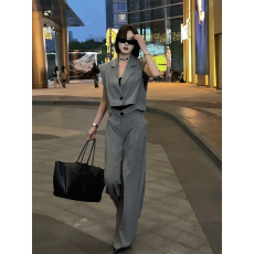 批发邓蕾婷酷飒顶流夏季新款高级感西装领马甲气质阔腿裤时尚套装