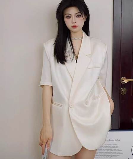 반팔 아세트산 정장 여성 코트 얇은 스타일 2026 여름 새로운 고급 센스 슬림해 보이는 캐주얼 루즈핏 화이트 정장