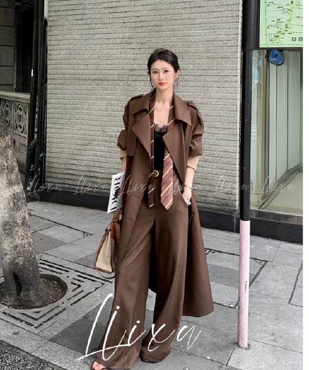 liixu 이른 가을 세트 여성 영국식 바람 롱 코트 무릎 아래 재킷 재킷 하이웨이스트 도루 센스 와이드 레그 팬츠 품격 착용 가져 가라.