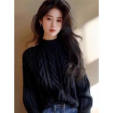 批发黑色半高领粗线麻花针织毛衣女2025秋季新款高级感独特漂亮上衣