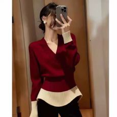 批发<b class='q'>大码</b>法式复古撞色v领长袖<b class='q'>针织衫</b>女秋冬收腰显瘦套头毛衣上衣