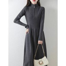 批发半开拉链针织连衣裙秋冬韩系穿搭一整套毛衣裙子<b class='q'>打底裙</b>毛线长裙