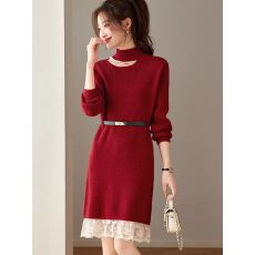 批发半高领毛衣裙秋冬<b class='q'>中长款</b>设计感小众蕾丝拼接连衣裙气质高级感裙子