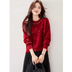 氛围感红色钉珠毛衣女秋冬外穿2025新款短款内搭针织打底衫