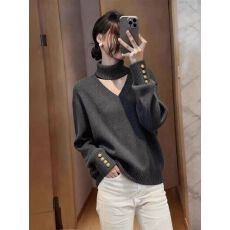 批发灰色半高领挂脖镂空毛衣针织衫女秋冬<b class='q'>大码</b>高级感内搭打底上衣